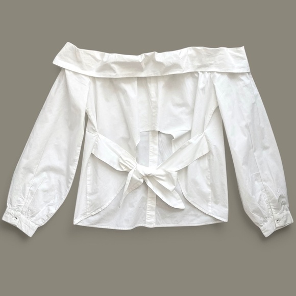 L'Academie X Revolve Off Shoulder Ruffled Button Up Shirt Cutout Tie Back White - Picture 7 of 11